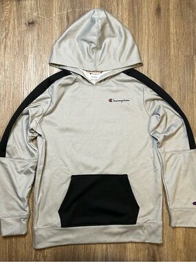 Champion Silver Hooded Pullover with Black Accents